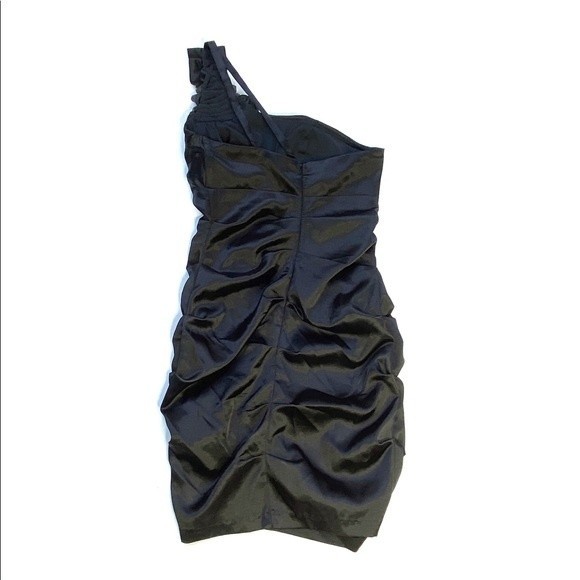 One shoulder satin black formal mini dress ruffle - Picture 6 of 8